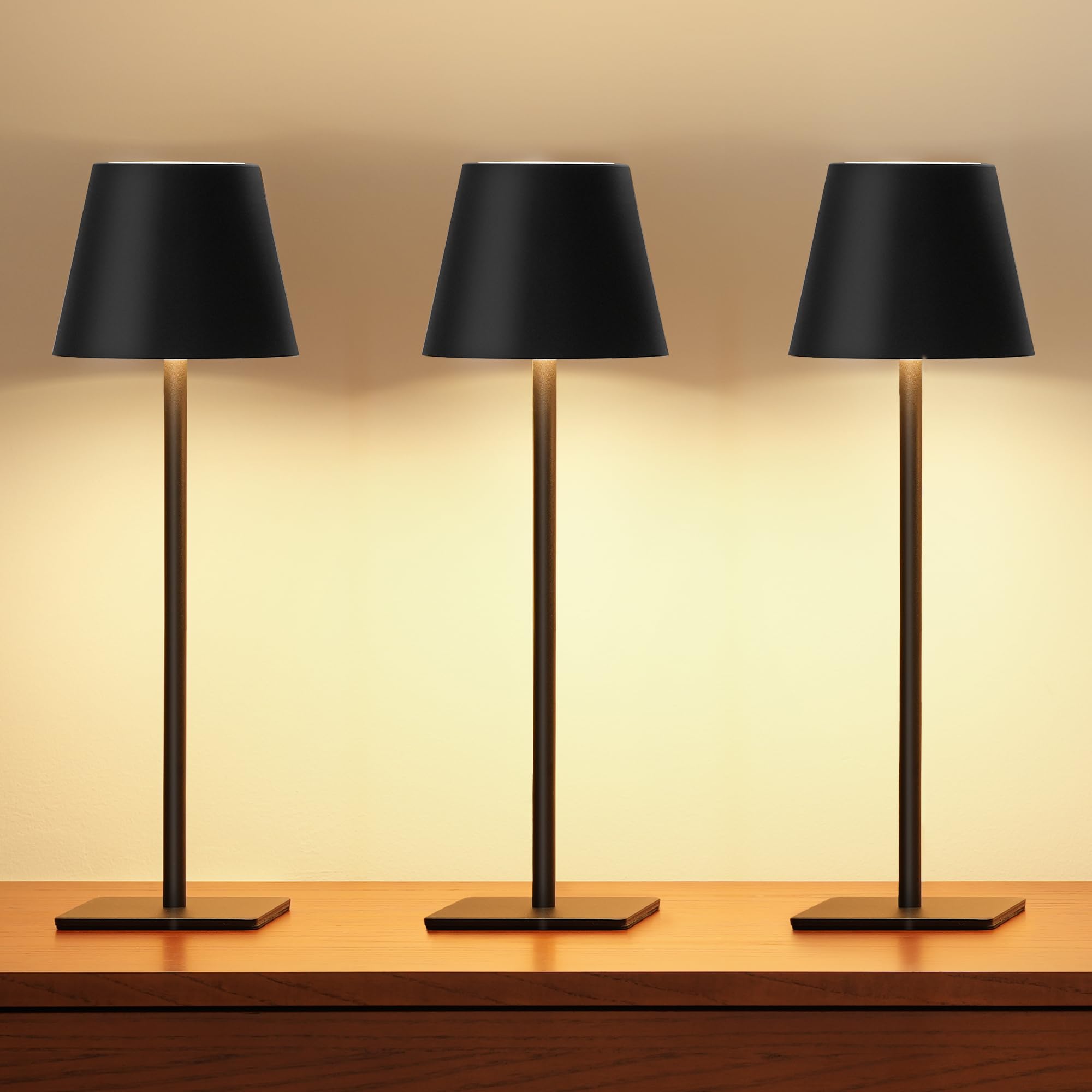 UME 3 Pack Cordless Table Lamp, Battery Operated Lamp - Portable Waterproof Rechargeable Table Lamp w/ 3 Color Temps & Stepless Dimming for Dinner, Desk, Cafe, Outdoor (Gold)